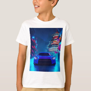 Een Japanse auto - een Japanse stad - op een neonw T-shirt