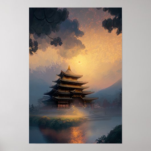 Een Japanse tempel in het licht van de avond Poster (Voorkant)