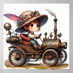Een jong gelukkig kind dat in een Steampunk-voertu Poster