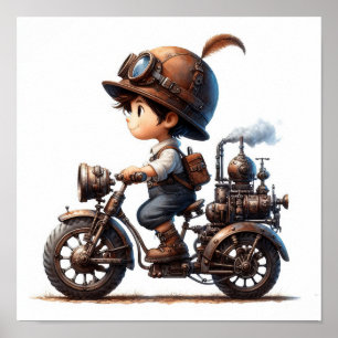 Een jong gelukkig kind dat op een Steampunk-motor Poster