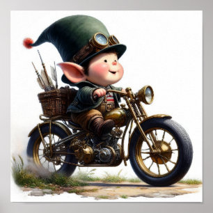 Een jong gelukkig kind dat op een Steampunk-motor Poster