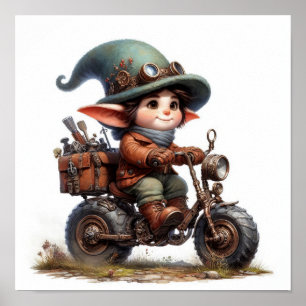 Een jong gelukkig kind dat op een Steampunk-motor  Poster