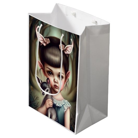 Een jong meisje dat een hert vasthoudt medium cadeauzakje (Voorkant Gekanteld)