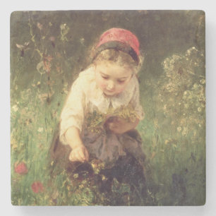 Een jong meisje in een veld stenen onderzetter