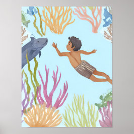 Een jonge jongen vrij duiken in het Caribisch gebi Poster