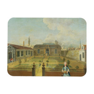 Een jongedame met haar hond voor een tuin (zie magneet