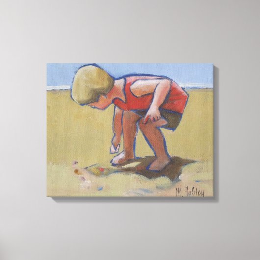 Een jongen die een mantel in het zand vindt canvas afdruk (Voorkant)