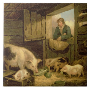 Een jongen die een varkensstaart bekijkt, 1794 (ol tegeltje