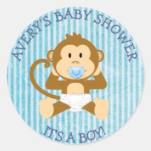 Een jongen, een aap Baby shower blauwe stickers