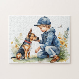 Een jongen en zijn Duitse Shepard-puppy Legpuzzel