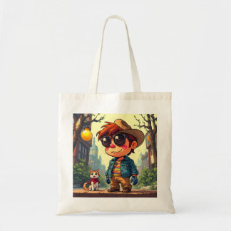 Een jongen en zijn kat op straat tote bag