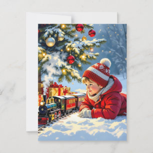 Een jongen en zijn ouderwetse kersttrein briefkaart