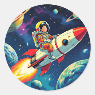 Een jongen in stripstijl op een raket in de ruimte ronde sticker