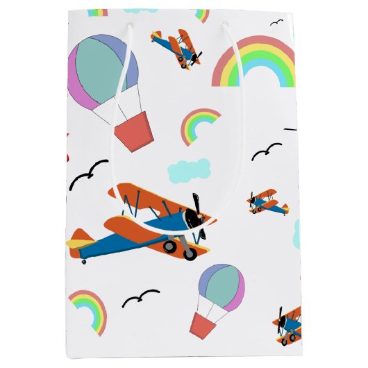 Een jongens vliegend patroon op wit medium cadeauzakje (Voorkant)