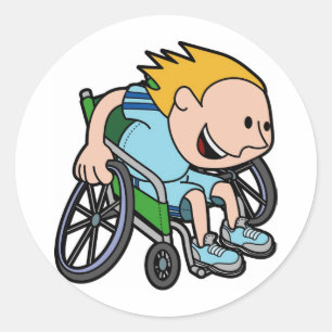 Een jongetje die in een rolstoel racen ronde sticker
