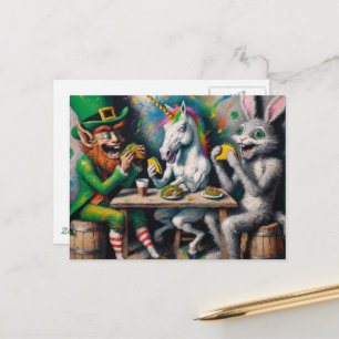 Een kabouter, een eenhoorn en een konijn die taco' briefkaart