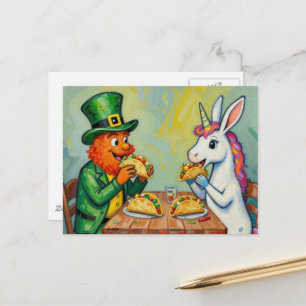 Een kabouter en een eenhoorn konijn die taco's ete briefkaart