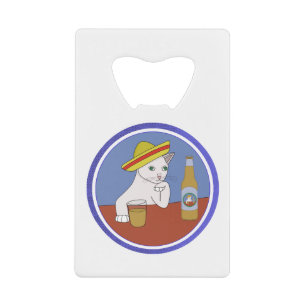 Een kat die een Sombrero draagt en Drink Kredietkaart Flessenopener