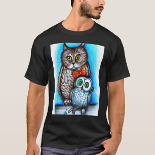 Een kat en een uil gemengde kunst t-shirt