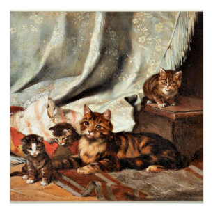 Een kat met drie Kittens, mooi kunstschilderij Perfect Poster