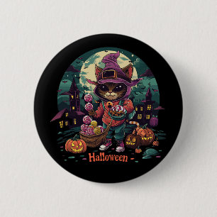 Een kat met een mand bloemen en een kat met een za ronde button 5,7 cm