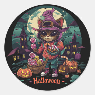 Een kat met een mand bloemen en een kat met een za ronde sticker