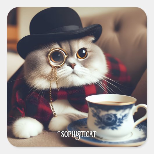 Een kat met een monocle vierkante sticker (Voorkant)