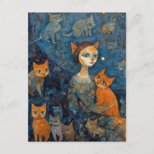 Een kattendame in de stad 's nachts met haar katte briefkaart