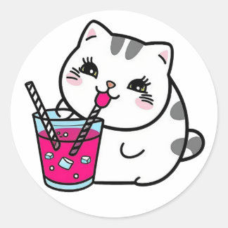Een kattenroze drink een rietje ronde sticker