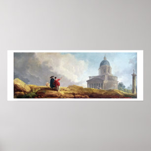 Een kerk die aan een reiziger in een Uitgebreide Poster