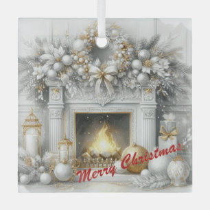 Een Kerst bij de Haard in Wit en Goud Glas Ornament