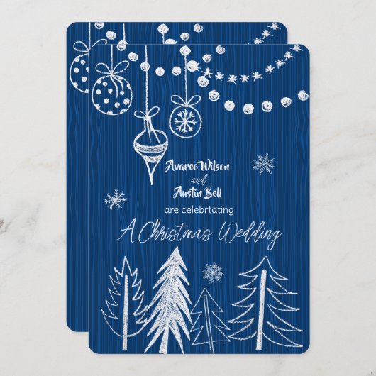Een Kerstbruiloft Witte Krijt Design op Blauw Kaart (Voorkant / Achterkant)