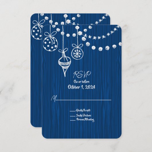 Een Kerstbruiloft Witte Krijt Design op Blauw RSVP Kaartje (Voorkant / Achterkant)