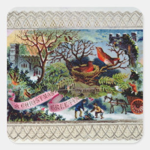 Een kerstgroet, Victoriaans briefkaart Vierkante Sticker