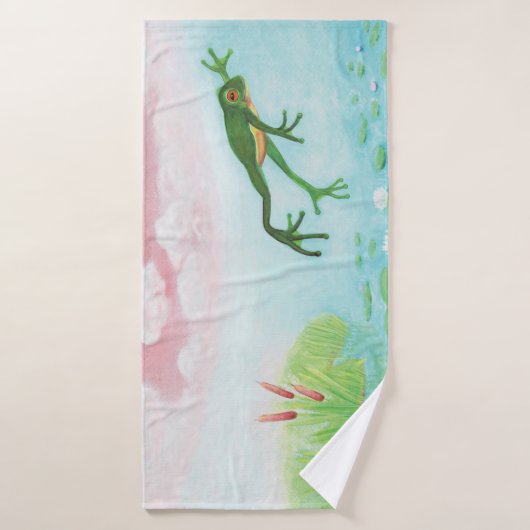 Een kikker springt in de afbeelding van de Pond Badhanddoek (Badhanddoek)
