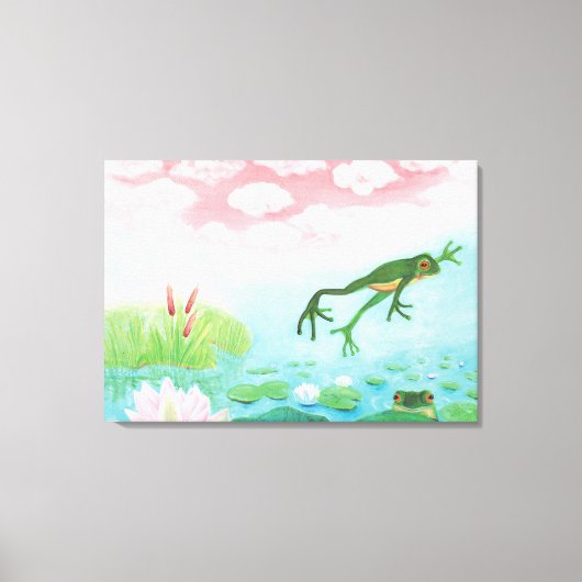 Een kikker springt in de afbeelding van de Pond  Canvas Afdruk (Voorkant)