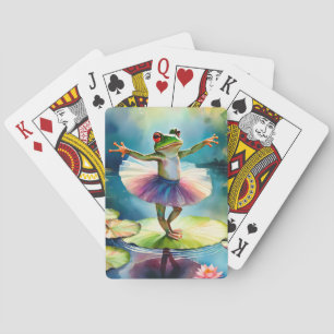 Een kikkerballerina danst op een lotusblad in een pokerkaarten