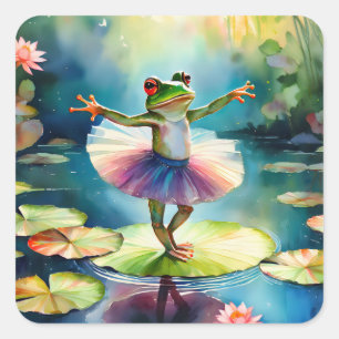 Een kikkerballerina danst op een lotusblad in een vierkante sticker