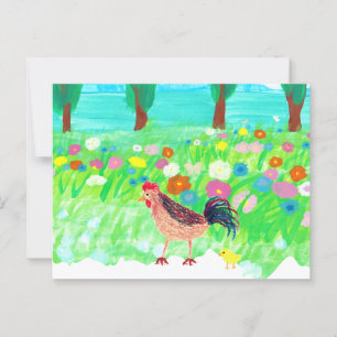 Een kip en een Baby kuiken lopen in de tuin Briefkaart
