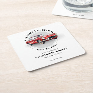 Een Klassieker Is Met Pensioen Rood Auto Pensioenf Vierkante Kartonnen Onderzetter