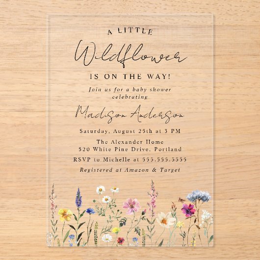 Een klein Baby shower van wilde bloemen Acryl Uitnodigingen (Voorkant)