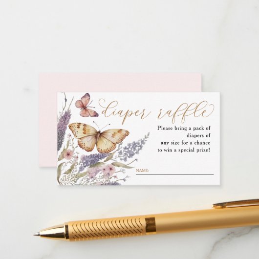 Een klein Butterfly Baby shower Diaper Raffle Informatiekaartje (Voorkant / Achterkant in situ)