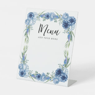Een klein Butterfly Blue Floral Rustic Menu Poster Reclamebord Met Voetstuk