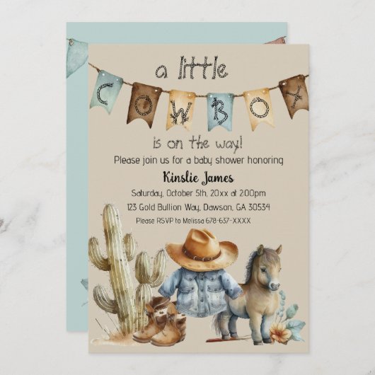 Een Klein Cowboy Komt Onderweg Baby Shower Uitnodi Kaart (Voorkant / Achterkant)