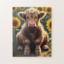 Een klein koeie in een zonnebloemveld