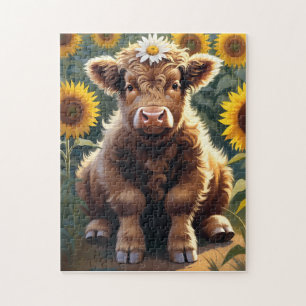 Een klein koeie in een zonnebloemveld legpuzzel