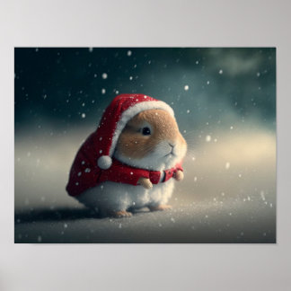 Een klein konijntje met een pet voor de kerstman poster