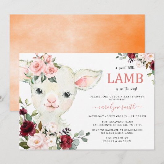 Een klein Lamb Greenery Floral Baby shower Kaart (Voorkant / Achterkant)