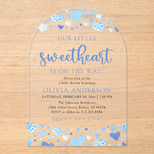 Een klein liefje Blue Valentijn Baby shower Acryl Uitnodigingen (Voorkant)