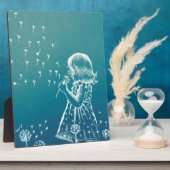 Een klein meisje dat op een dandelion blaast fotoplaat (Zijkant)